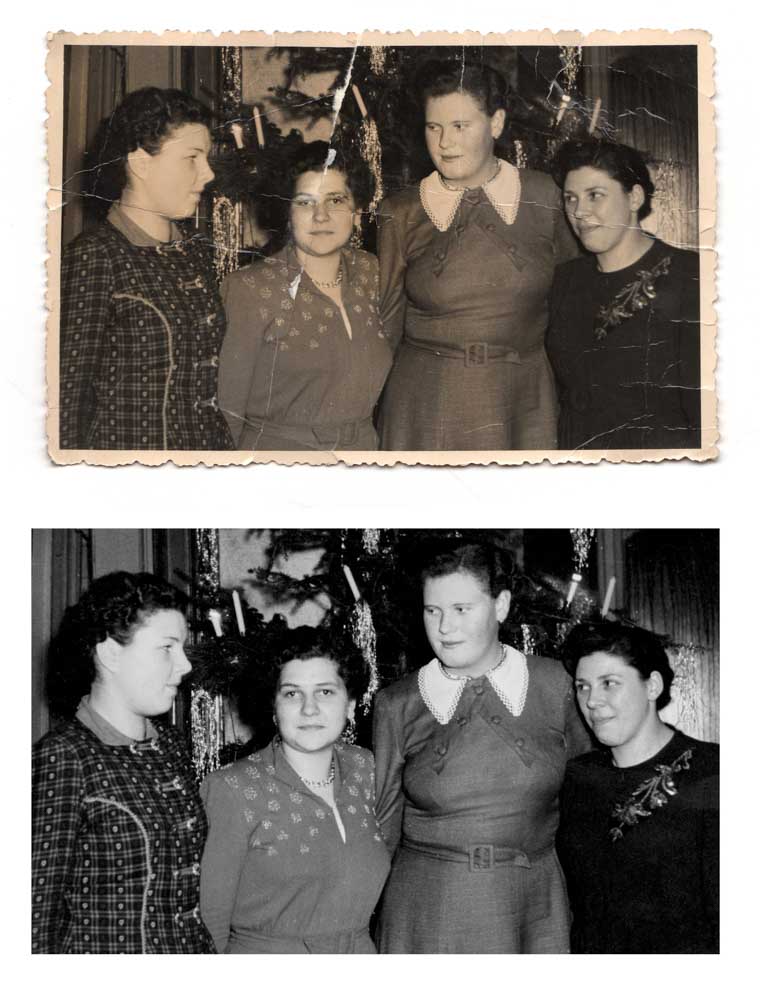 before and after image of four sisters next to a Christmas tree